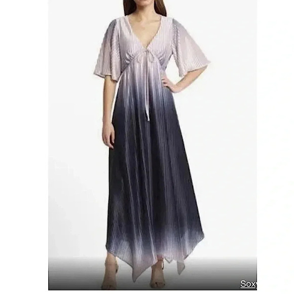 BTFL-life Karla Handkerchief Pleated Hem Pink Navy Ombré Maxi Dress V-Neck - Picture 1 of 3